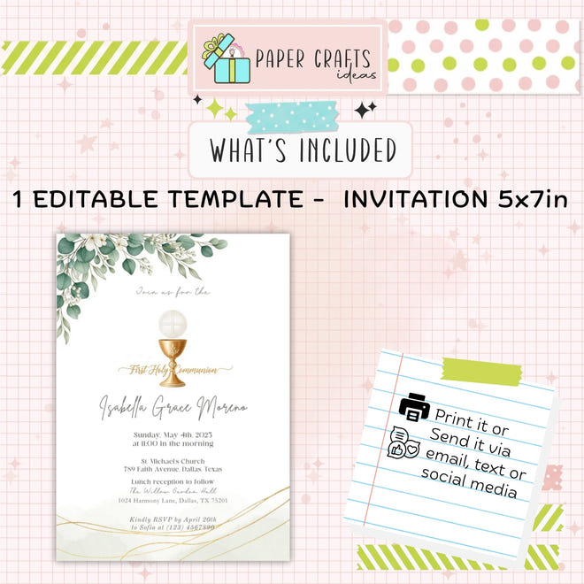 Elegant First Holy Communion Invitation | Printable Editable Template | Gold Chalice & Greenery Design