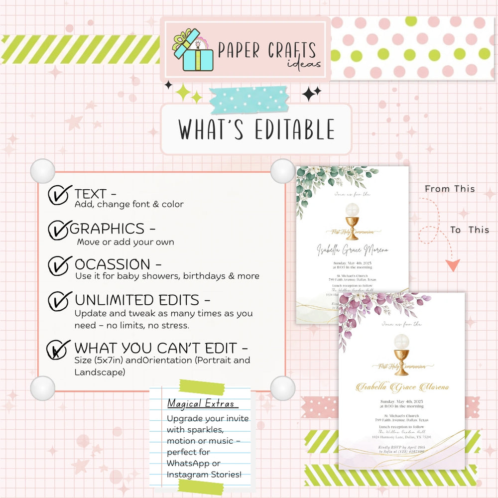 Elegant First Holy Communion Invitation | Printable Editable Template | Gold Chalice & Greenery Design