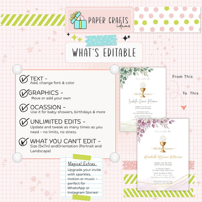 Elegant First Holy Communion Invitation | Printable Editable Template | Gold Chalice & Greenery Design