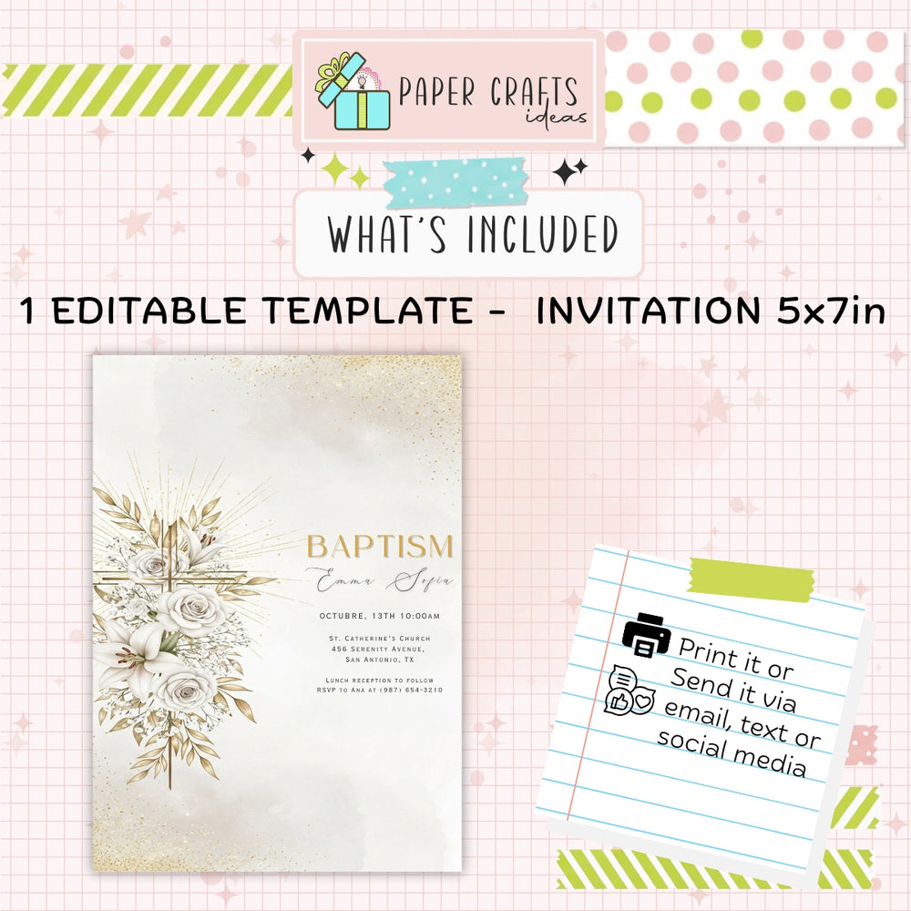 Elegant Gold Baptism Invitation | Printable Christening Template | Baby Boy or Girl Editable Invite | Instant Download