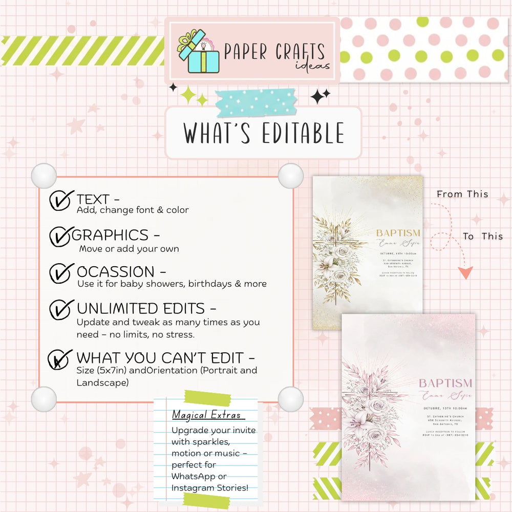 Elegant Gold Baptism Invitation | Printable Christening Template | Baby Boy or Girl Editable Invite | Instant Download