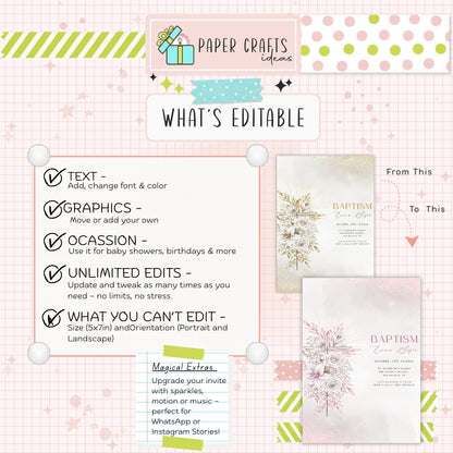 Elegant Gold Baptism Invitation | Printable Christening Template | Baby Boy or Girl Editable Invite | Instant Download