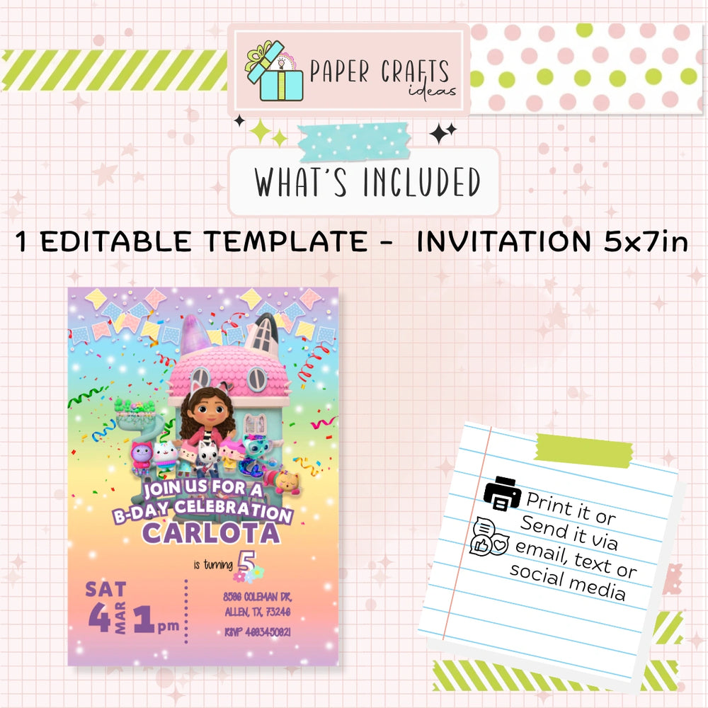 gabby dollhouse party invitation printable digital download
