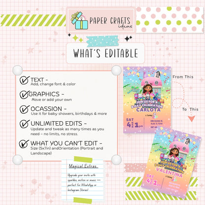 girl birthday invitation gabby dollhouse theme editable