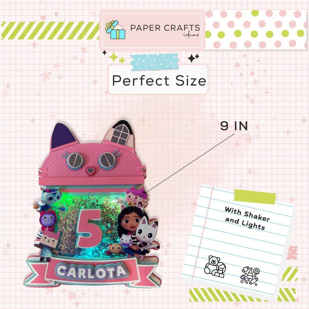 Decorative item with 'Carlota' on a pink and white checkered background with text about size and features.