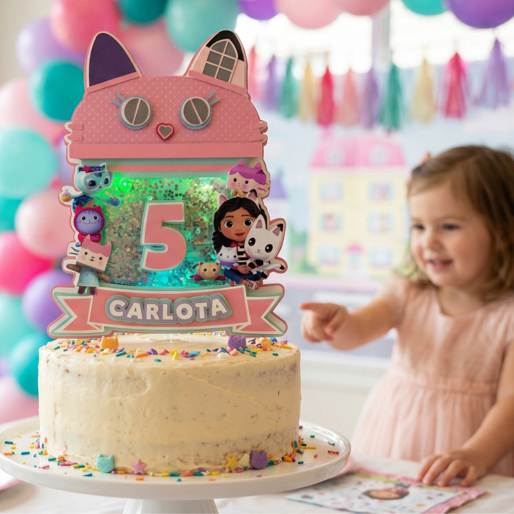 Child's birthday cake with decorative topper and a young girl in a pink dress.
