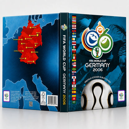 FIFA World Cup Germany 2006 poster sticker album cover shown in a three-dimensional box view. The cover features a blue background with a red map of Germany, the official tournament logo, the FIFA World Cup Germany 2006 text, a soccer ball graphic, and a vertical row of national flags on the spine.