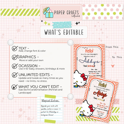 kids birthday invitation hello kitty theme editable template