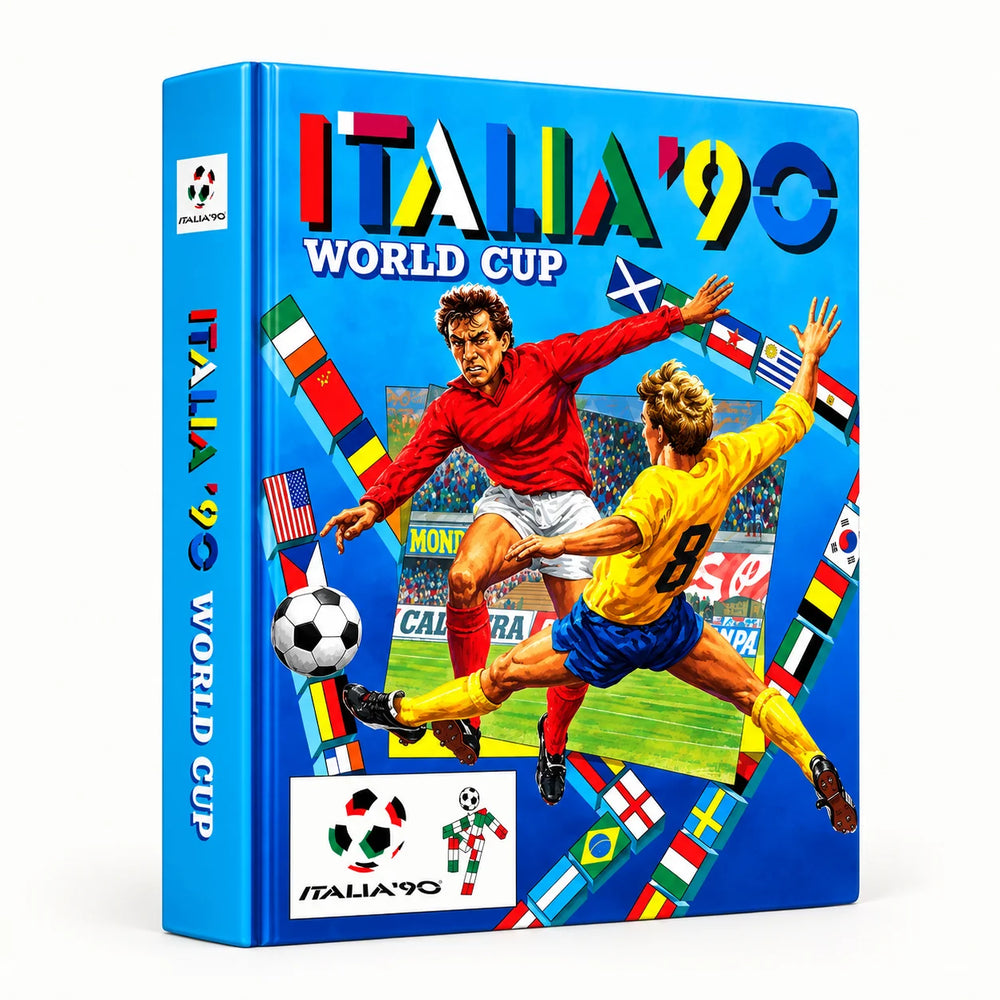 A boxed product titled "ITALIA'90 WORLD CUP" shown on a clean white background. The box is bright blue with colorful illustrated soccer players, flags, and soccer motifs.
