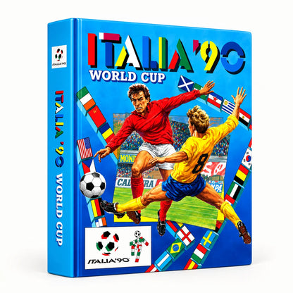 A boxed product titled "ITALIA'90 WORLD CUP" shown on a clean white background. The box is bright blue with colorful illustrated soccer players, flags, and soccer motifs.