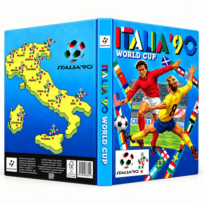 A 3D box mockup of the 'Italia 90 World Cup' collectible tin, showing the front cover with soccer players and the Italy map on the back, on a plain white background.