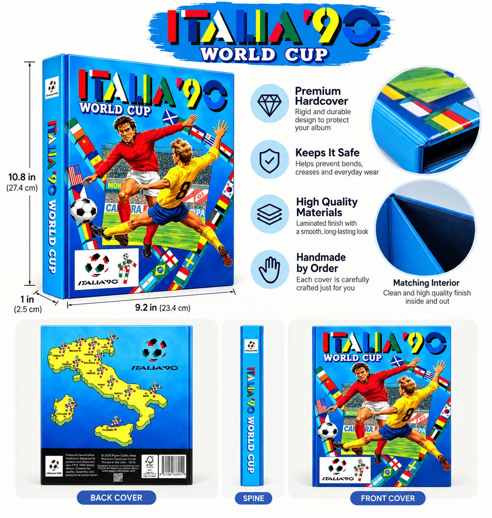 Italy 1990 World Cup football album set against a white background, showing the front cover, spine, and back cover along with feature callouts for premium hardcover, safe packaging, laminated materials, and handmade quality.