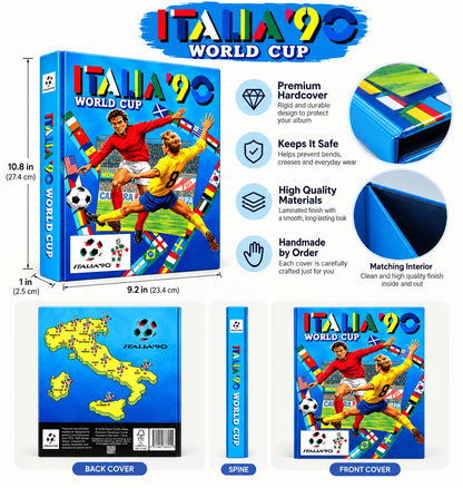 Italy 1990 World Cup football album set against a white background, showing the front cover, spine, and back cover along with feature callouts for premium hardcover, safe packaging, laminated materials, and handmade quality.