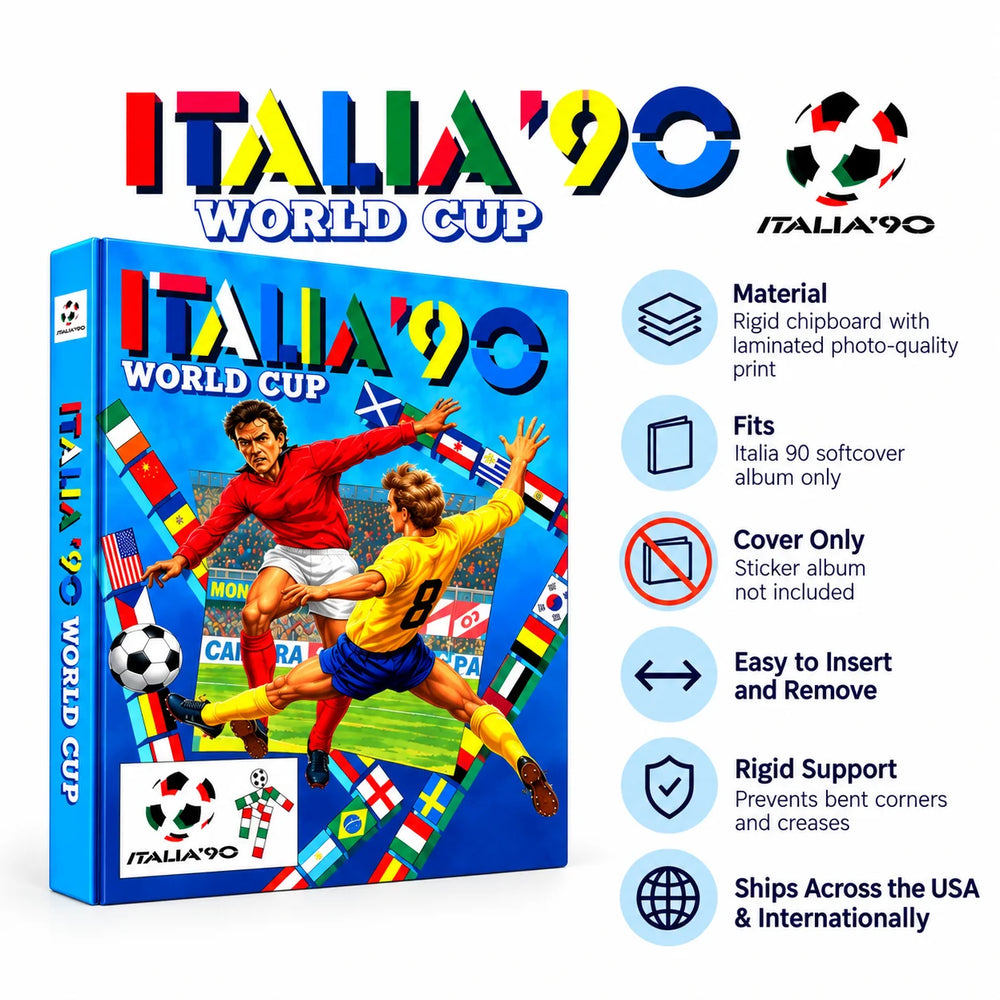 Italy 1990 World Cup album box set shown on a white background with feature callouts. The box is bright blue with colorful soccer players, flags, and the 'ITALIA'90 WORLD CUP' title.