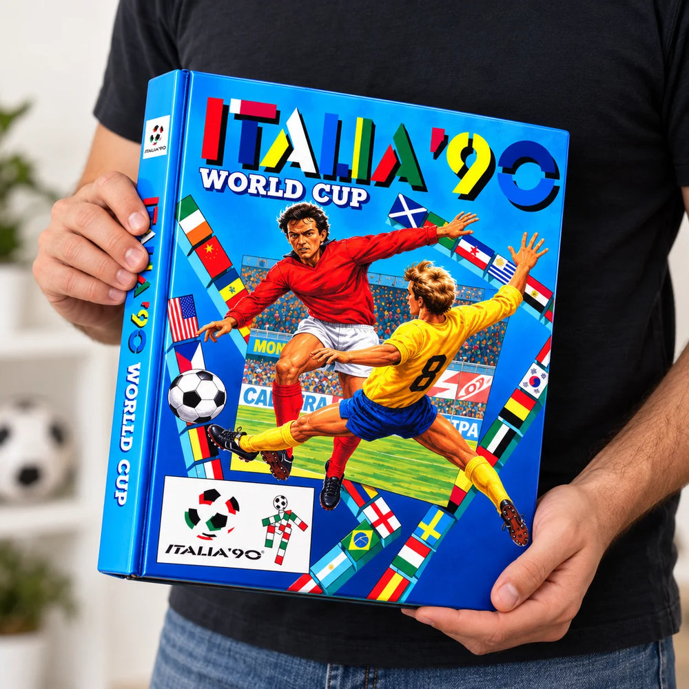 A person holds a large hardcover book titled "ITALIA '90 WORLD CUP" with colorful soccer artwork on the cover, including players, a soccer ball, and multiple national flags, against a softly blurred indoor background.
