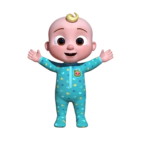 Cartoon baby character in a blue onesie with a smile on a white background