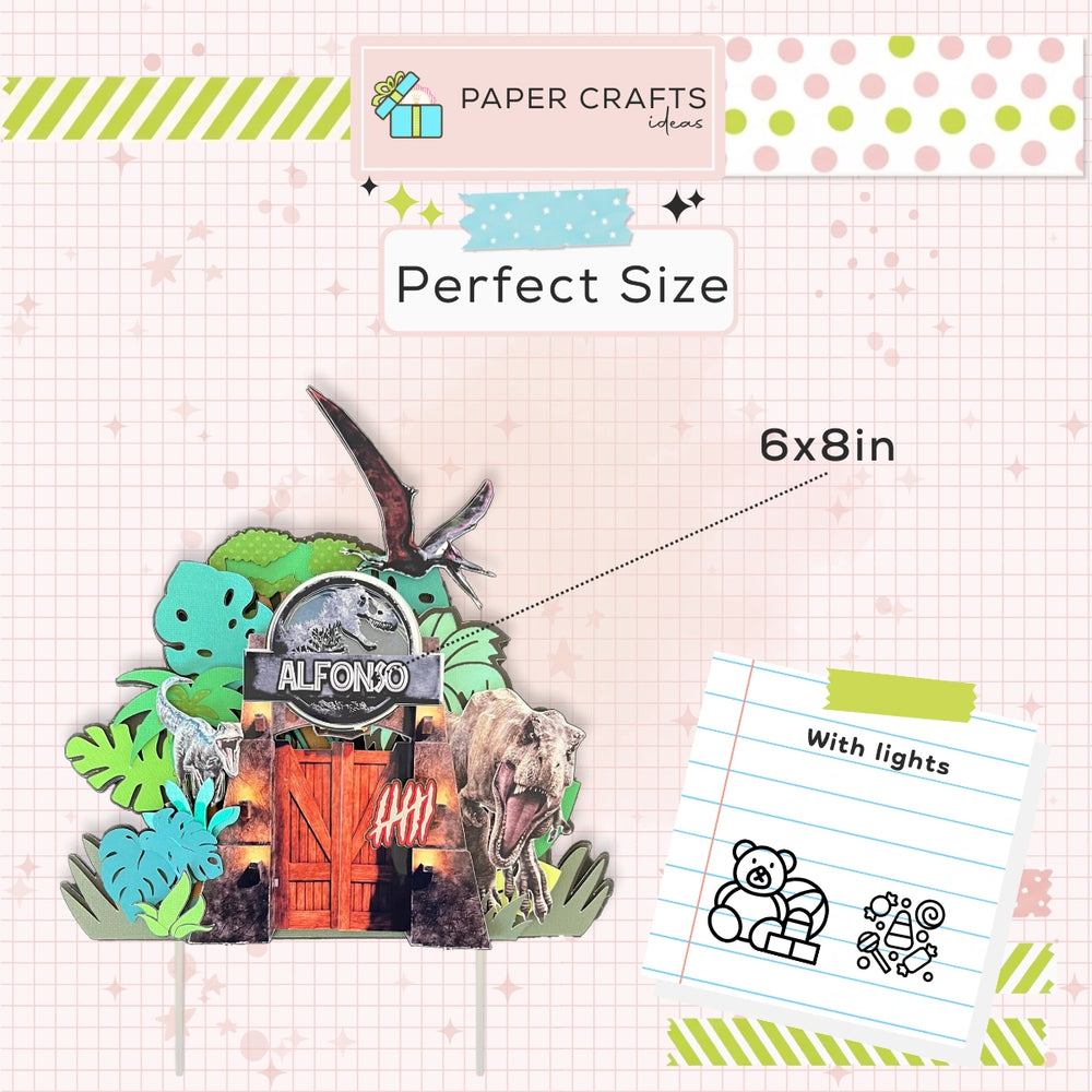 Dinosaur Jurassic World Cake Topper – 3D Jungle, T-Rex & Raptors, Name & Age