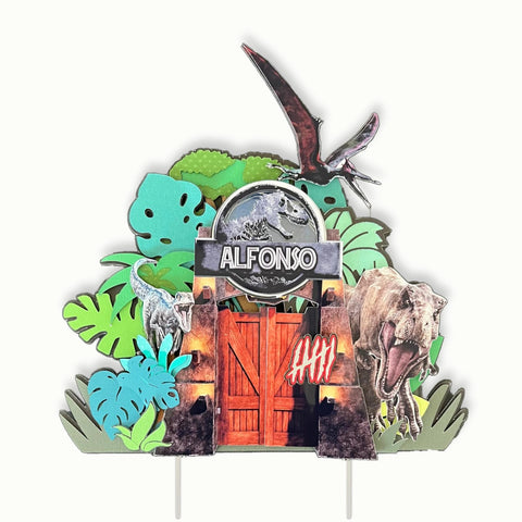 Dinosaur Jurassic World Cake Topper – 3D Jungle, T-Rex & Raptors, Name & Age