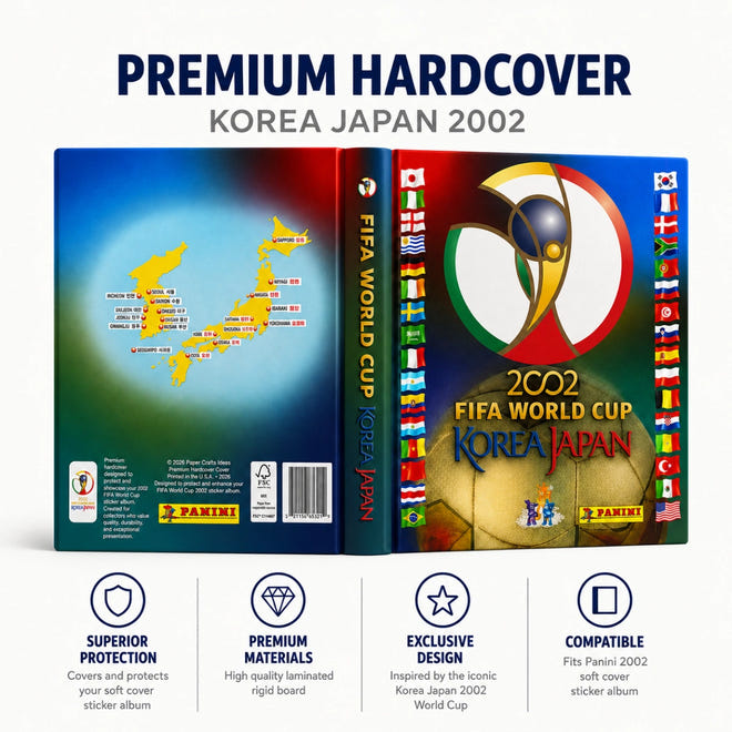 Panini FIFA World Cup Korea Japan 2002 premium hardcover collectible album shown from the front and back covers, with feature icons below on a white background.