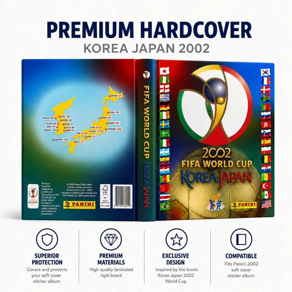 Panini FIFA World Cup Korea Japan 2002 premium hardcover collectible album shown from the front and back covers, with feature icons below on a white background.