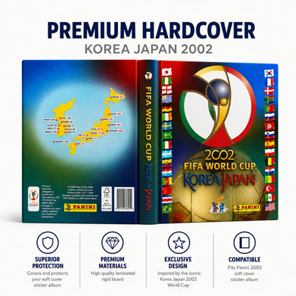 Panini FIFA World Cup Korea Japan 2002 premium hardcover collectible album shown from the front and back covers, with feature icons below on a white background.