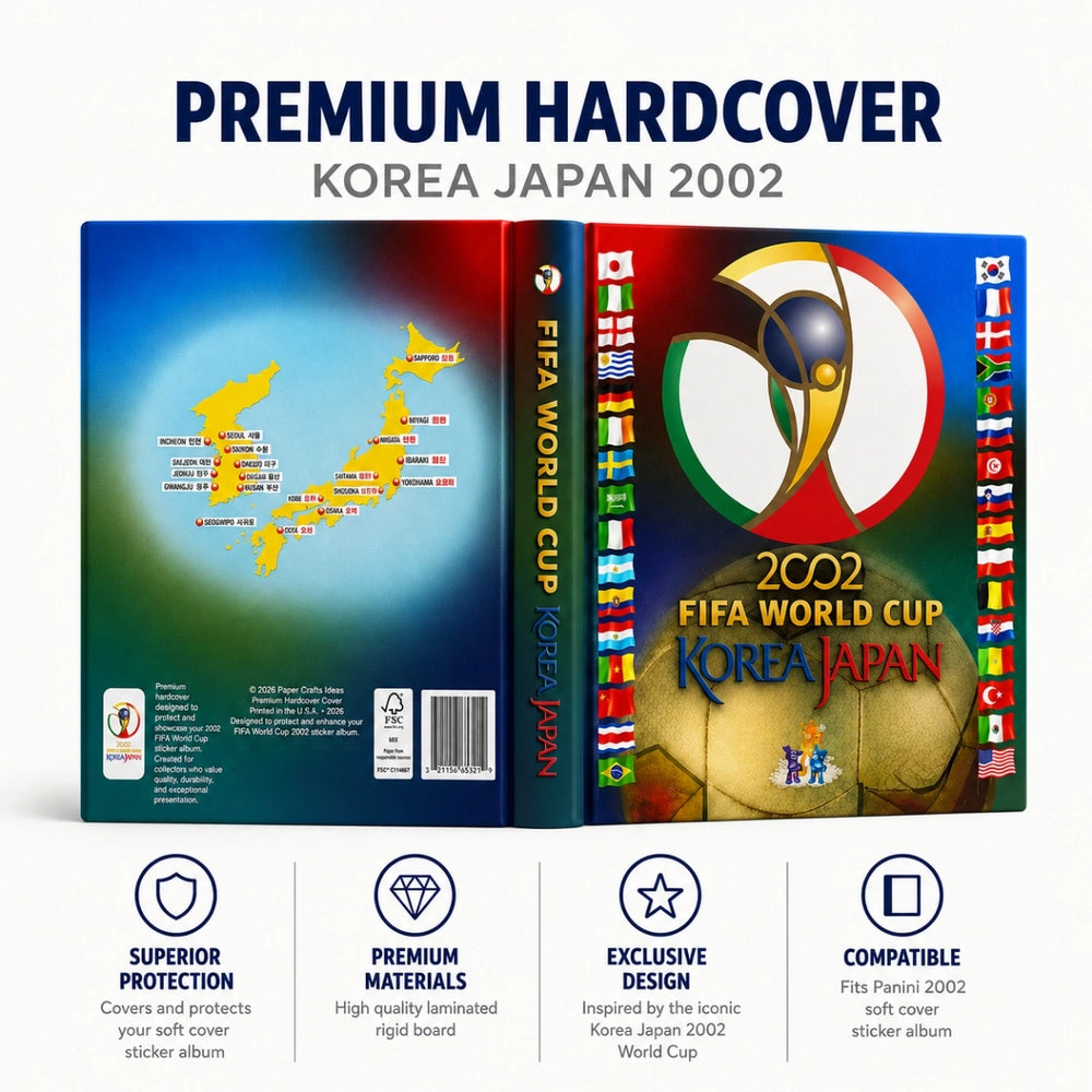 A 2002 FIFA World Cup Korea Japan premium hardcover sticker album shown from the front and back covers, with text reading 'PREMIUM HARDCOVER KOREA JAPAN 2002' above and feature icons below on a white background.
