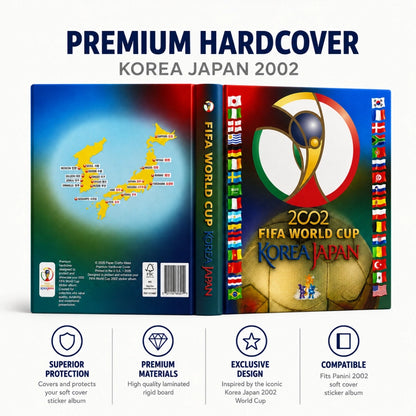 A 2002 FIFA World Cup Korea Japan premium hardcover sticker album shown from the front and back covers, with text reading 'PREMIUM HARDCOVER KOREA JAPAN 2002' above and feature icons below on a white background.