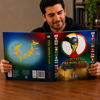 A man holds open a custom-designed hardcover book or album celebrating the 2002 FIFA World Cup in Korea and Japan, showing the front cover with the tournament logo and a soccer ball, the spine, and the back cover with a map of Japan.