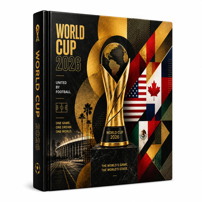 A hardcover book or box cover for World Cup 2026, shown at a slight angle against a plain white background. The cover is predominantly black with large gold typography, a gold FIFA trophy graphic, and a collage of national flags on the right side.
