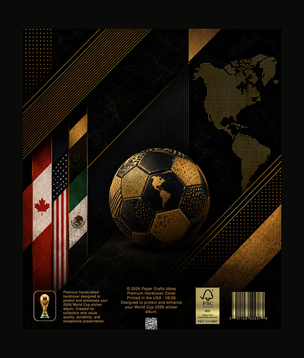 A premium soccer-themed collectible album cover featuring a black and gold patterned soccer ball with a map of the USA printed on its front. The background is a dark, stylized graphic with diagonal gold stripes, a world map, and vertical flags of Canada, the United States, Mexico, and Germany.