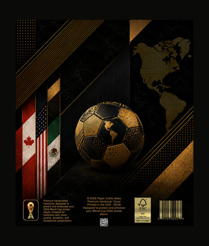 A premium soccer-themed collectible album cover featuring a black and gold patterned soccer ball with a map of the USA printed on its front. The background is a dark, stylized graphic with diagonal gold stripes, a world map, and vertical flags of Canada, the United States, Mexico, and Germany.