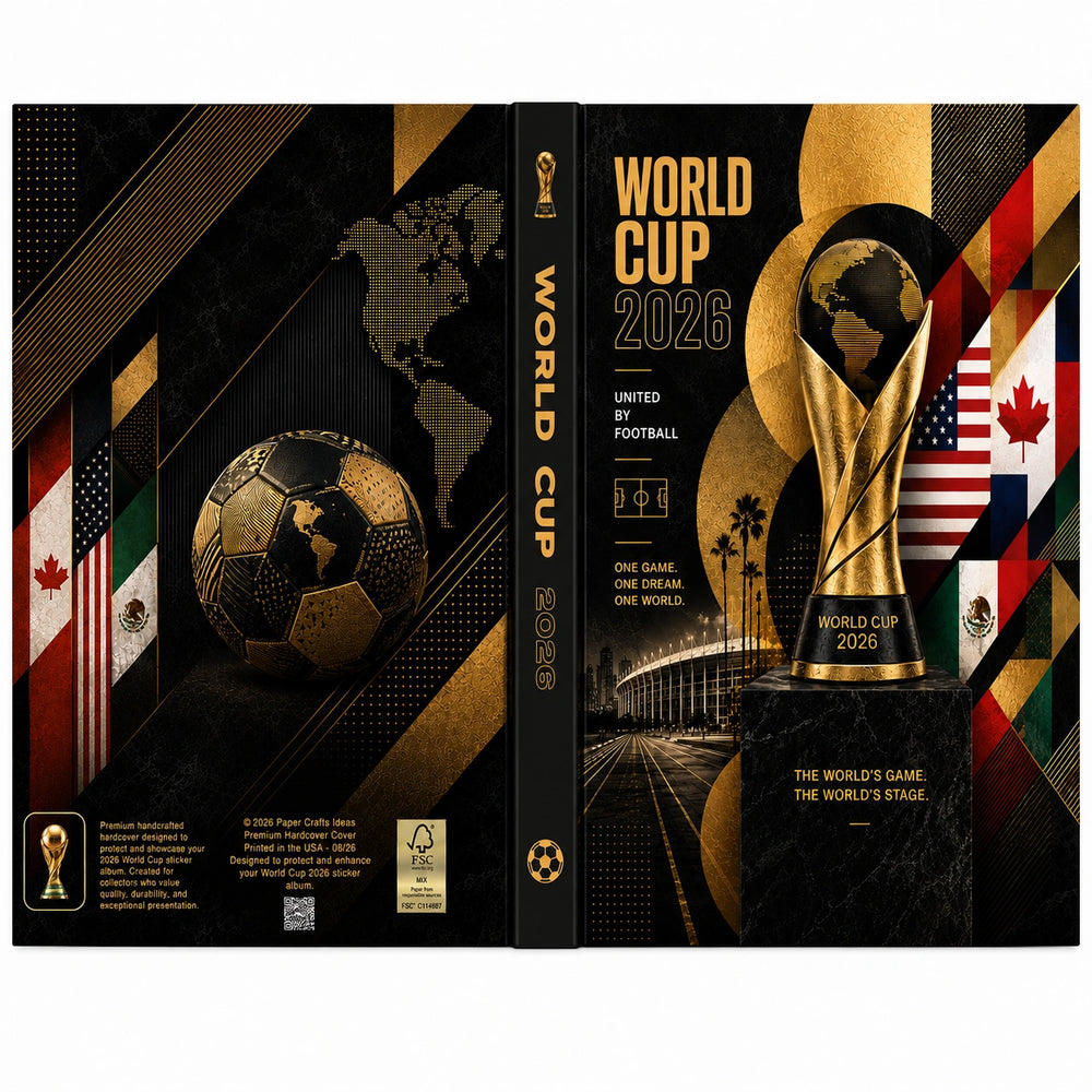 A flat-lay view of a custom World Cup 2026 themed notebook or planner cover, showing the front cover, spine, and back cover. The design features a black and gold color scheme with the FIFA logo, a soccer ball, a stadium, and multiple national flags.