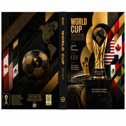 A flat-lay view of a custom World Cup 2026 themed notebook or planner cover, showing the front cover, spine, and back cover. The design features a black and gold color scheme with the FIFA logo, a soccer ball, a stadium, and multiple national flags.