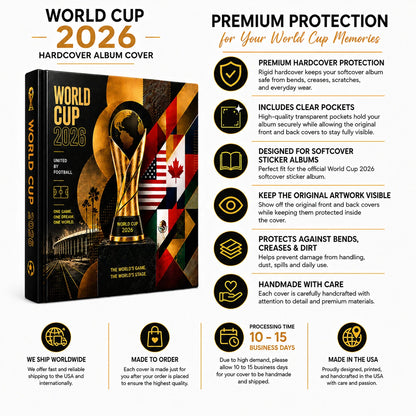 Promotional infographic for a World Cup 2026 hardcover album cover, showing the front and back of the album cover package, feature callouts, and shipping/processing information on a white background.