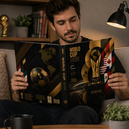 A man sitting on a couch holds open a large hardcover book or folder featuring World Cup 2026 graphics, including the FIFA trophy, gold and black design elements, and national team flags. The scene is lit by a warm lamp, with books and decor visible in the background.
