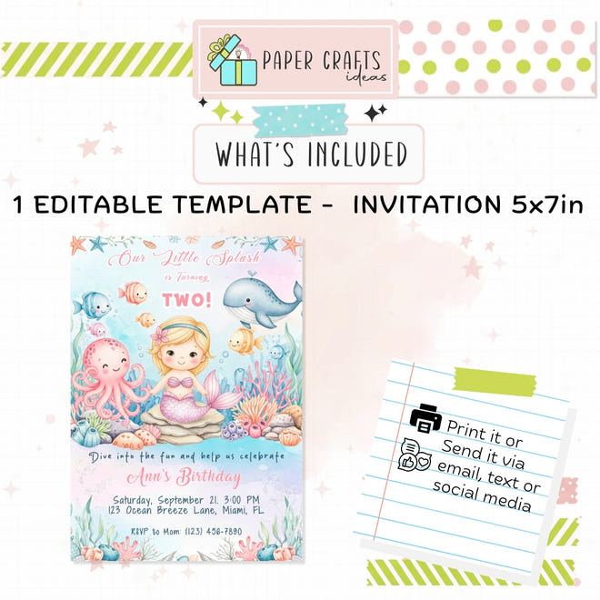 Mermaid Birthday Invitation Girl | Under the Sea Party Printable | Editable Template for 1st Birthday Celebration