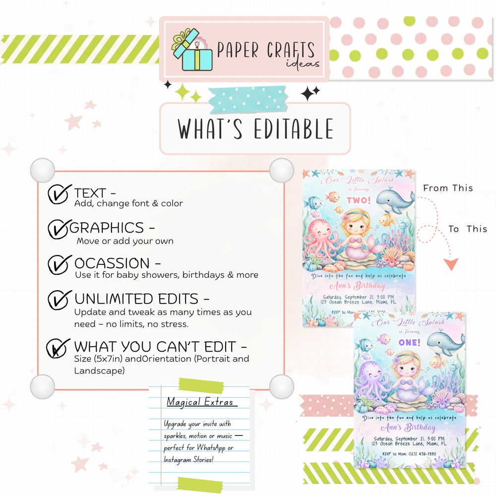 Mermaid Birthday Invitation Girl | Under the Sea Party Printable | Editable Template for 1st Birthday Celebration