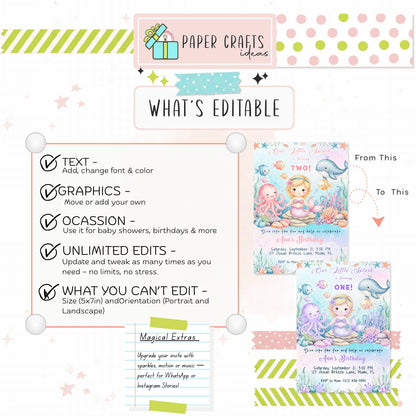 Mermaid Birthday Invitation Girl | Under the Sea Party Printable | Editable Template for 1st Birthday Celebration