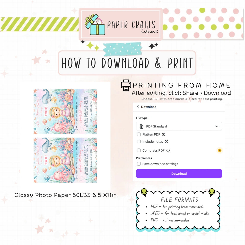 Mermaid Birthday Invitation Girl | Under the Sea Party Printable | Editable Template for 1st Birthday Celebration