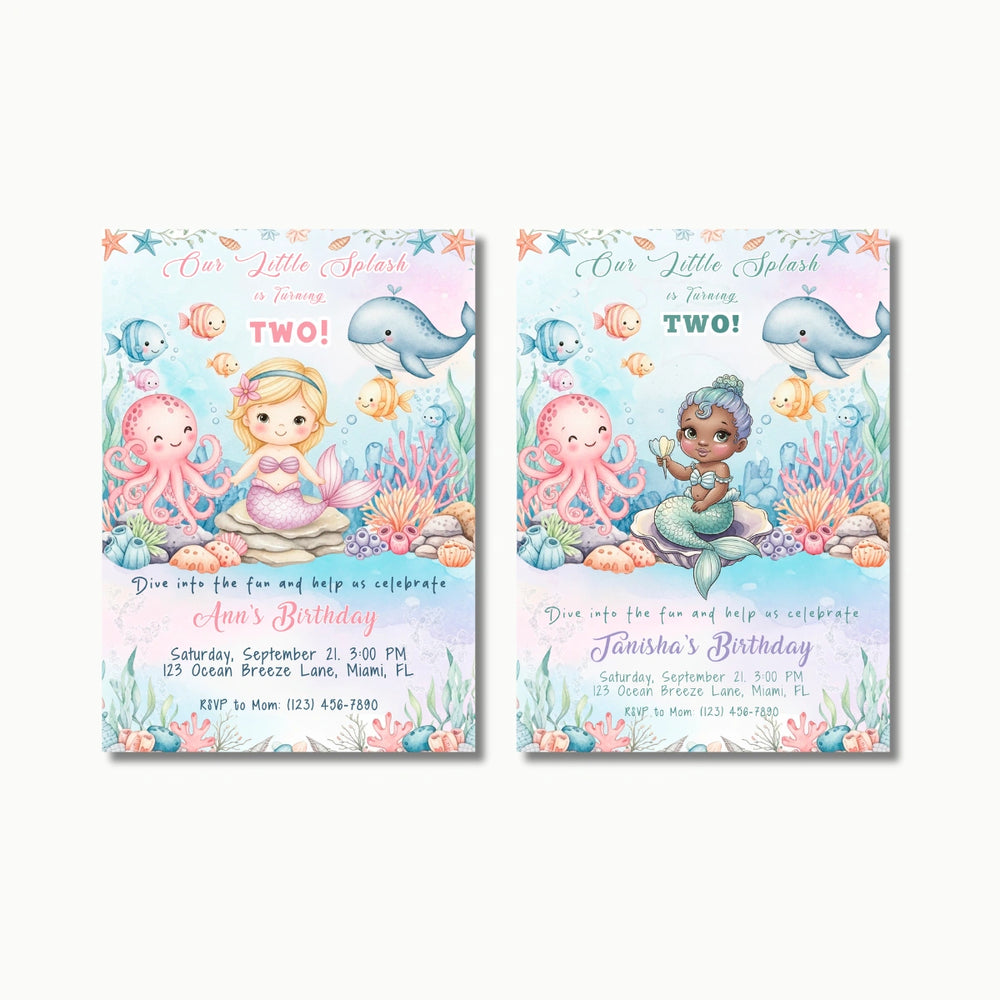 Editable Little Mermaid Birthday Invitation Under the Sea Theme for Girls Digital Download