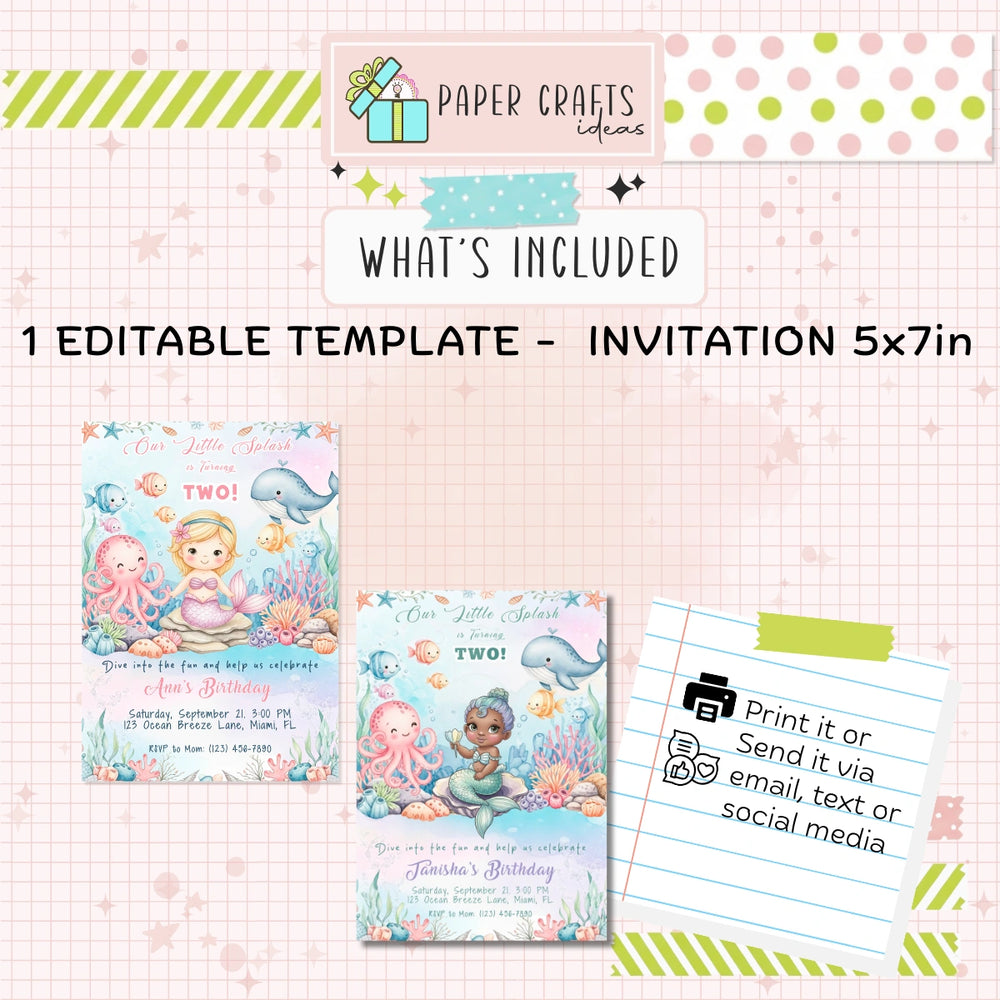 Editable Little Mermaid Birthday Invitation Under the Sea Theme for Girls Digital Download