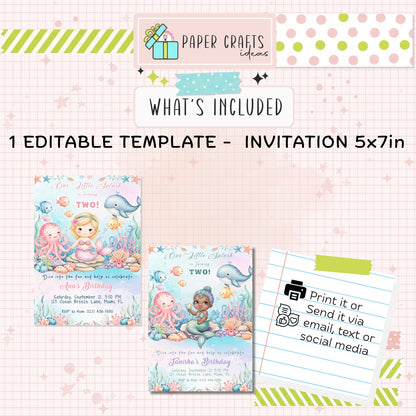 Editable Little Mermaid Birthday Invitation Under the Sea Theme for Girls Digital Download