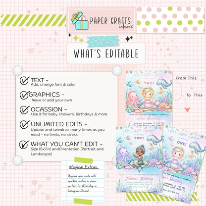 Editable Little Mermaid Birthday Invitation Under the Sea Theme for Girls Digital Download