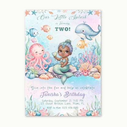 Editable Little Mermaid Birthday Invitation Under the Sea Theme for Girls Digital Download