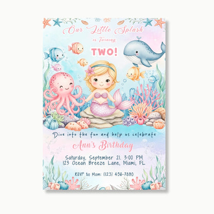 Mermaid Birthday Invitation Girl | Under the Sea Party Printable | Editable Template for 1st Birthday Celebration