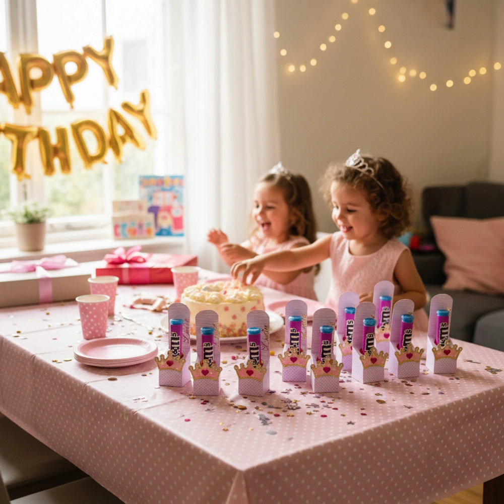 Two young girls at a birthday party with balloons, cake, and small presents on a table.