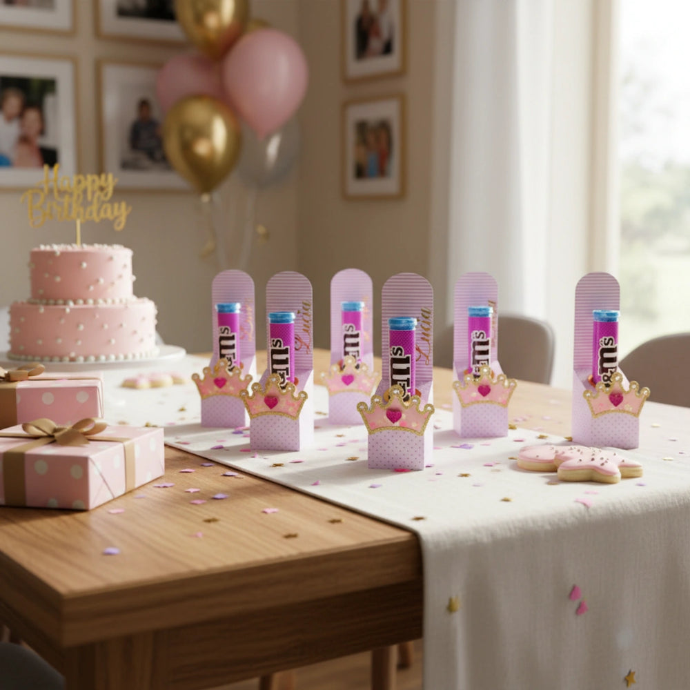 Birthday cake with M&M's decorations on a table, balloons in the background