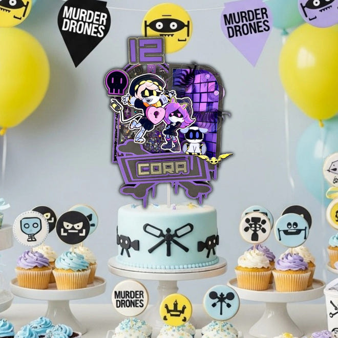 Murder Drones themed cake topper with purple shaker detail