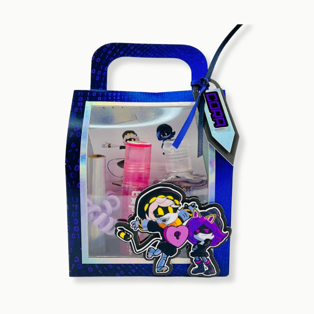 Glowing blue bag with cartoon character design on a white background