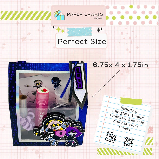 Product packaging with cartoon character, lip gloss, hand sanitizer, hair tie, and stickers on a checkered background.